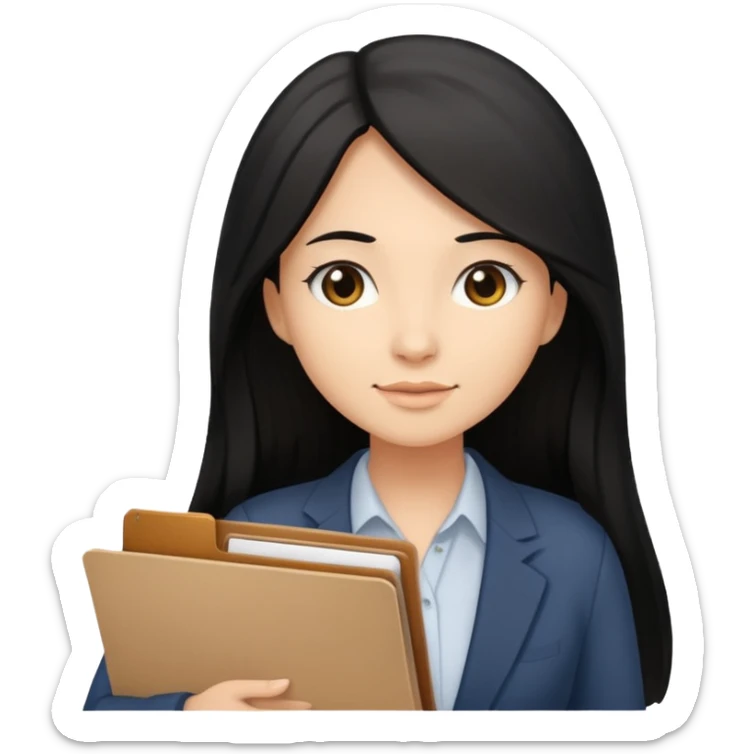 a light tan woman with long black hair past mid-back, round brown eyes and manila folder in her hands sticker