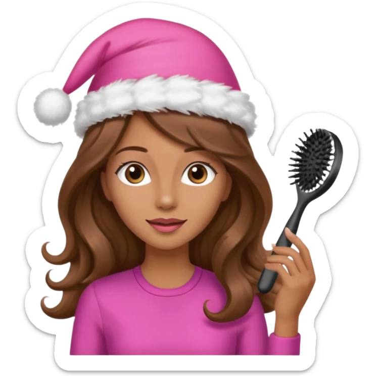 mujer peinandose en la peluqueria y con un gorro de navidad rosado, cabello largo café y ondulado sticker