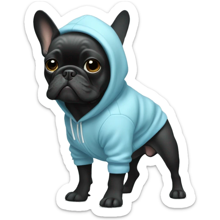 Black French bulldog in a light blue hoodie  sticker