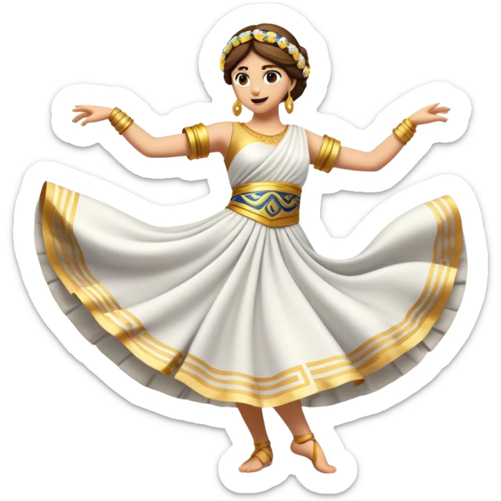 Cinematic Realistic Sirtaki Dance Emoji, depicted as a vibrant traditional Greek dance scene with flowing movements and expressive costumes, rendered with dynamic textures and warm festive lighting that captures its cultural exuberance. sticker