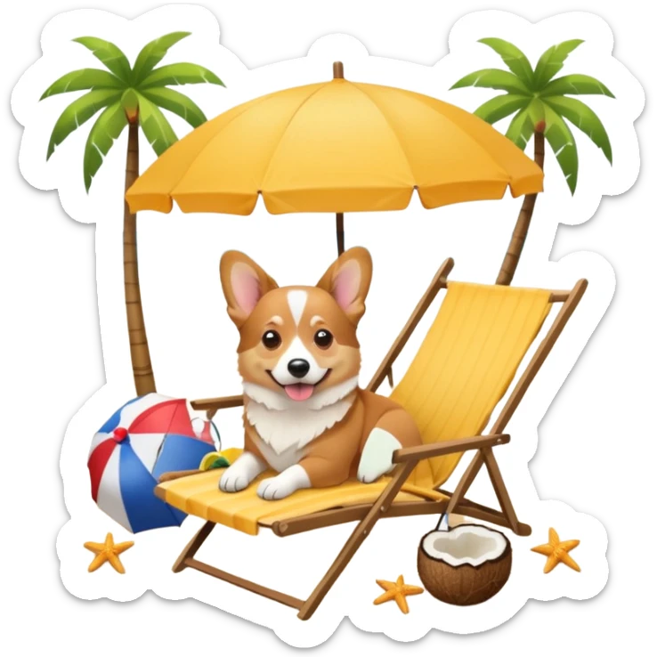 a corgi dog laied on a beach chair, a sunny beach, a sun umbrella, and beach coconut trees. the icon should capture the essence of a relaxing beach vacation with a carefree atmosphere sticker