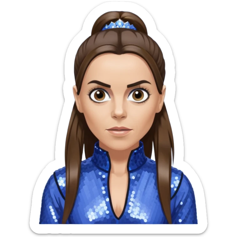 Mel C from Spice Girls with long dark brown ponytail hair, perwinkle sequin outfit, light skin sticker