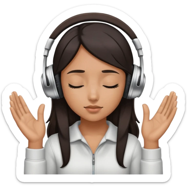 Girl with dark hair wearing headphone with her hands holding them and has her eyes close sticker