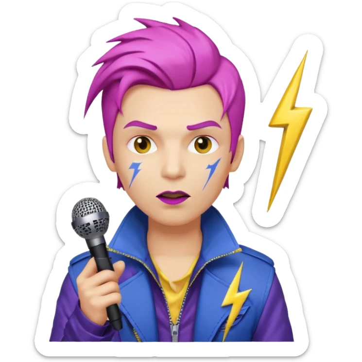 emoji-style male rockstar with David Bowie inspiration, pink side-swept hair, lightning bolt on face, yellow skin, dark lipstick, futuristic purple-blue jacket, microphone, white background sticker