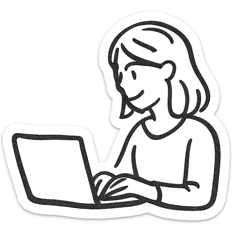 simple line drawing of a woman sitting at a laptop, teal color, minimal, clean, modern sticker