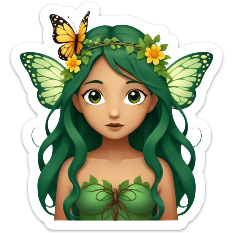Cinematic Realistic Forest Nymph Fairy Portrait, depicted with lifelike, sun-kissed tanned skin that radiates an earthy glow, softly illuminated by natural, dappled light. Her long, flowing dark green hair is intricately detailed and interwoven with delicate vines and wildflowers, while her deep, soulful eyes mirror the wisdom of the forest. Dressed in an attire inspired by nature’s palette—with subtle botanical motifs—the portrait exudes a soft, enchanted glow that melds realism with woodland magic showing her large butterfly wings from her back. sticker