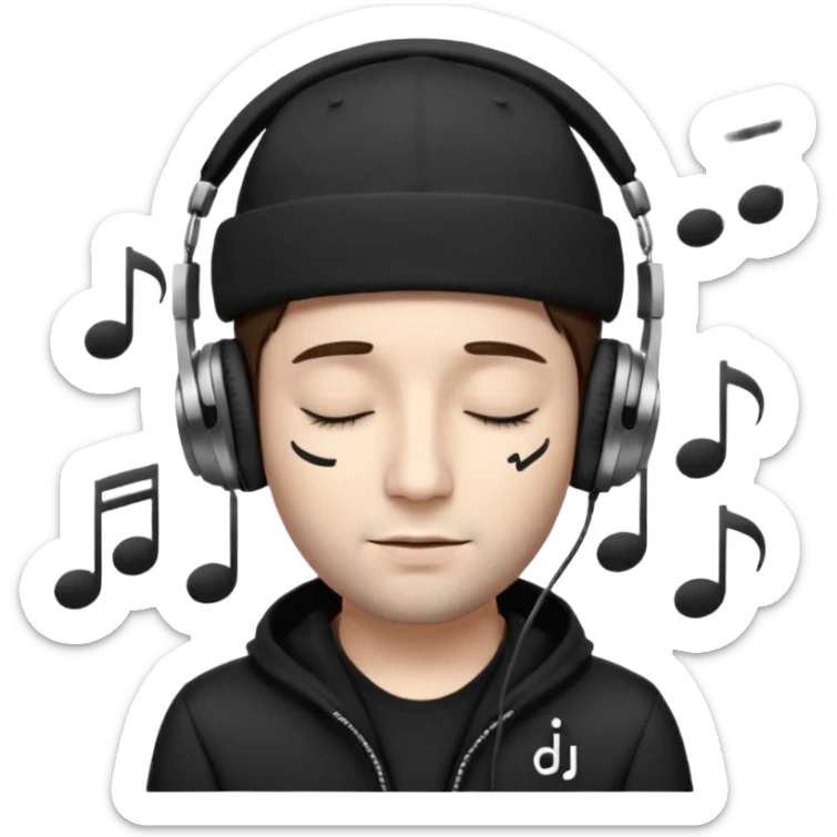 dj man white with baseball cap - rayban Sun Glasses 80s - brown hair - closed eyes with headphones on with musical note over head (listening to music ) - eyes closed no glasses - black hat  musical notes floating around head - DJ DLG written on hat sticker