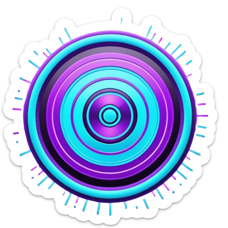 Futuristic glowing bullseye target emoji, neon purple and cyan holographic glow, dark background, digital tech style, abstract sparkles, no face. sticker