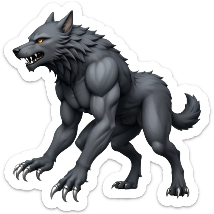 cinematic-noble-fierce-werewolf-full body on all fours-emoji, poised-and-imposing, with a tall, lean, and muscular wolfish frame inspired by the brutal, imposing shape of the beast from Berserk, fur rippling in shades of midnight black and silver, massive paws with razor-sharp claws, elongated limbs and fangs, eyes glowing with an intense, primal ferocity, reflecting the untamed power of the wild moonlit night; rendered with realism like a wolf sticker