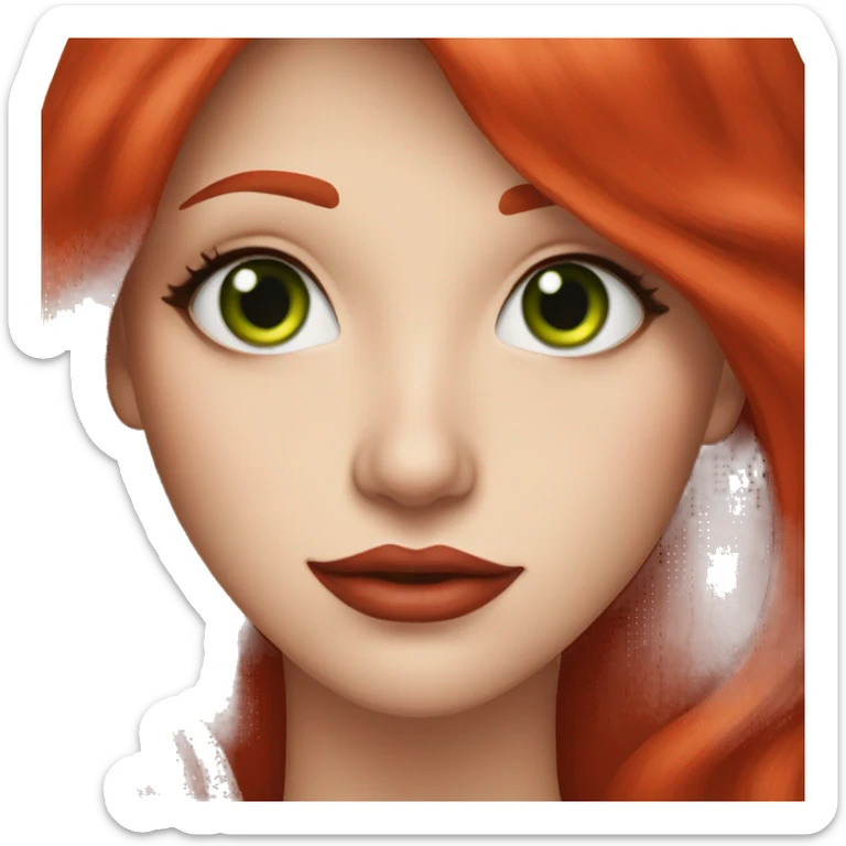 straight long Tomato red hair,red lipstick red,green eyes, white skin and a small nose sticker