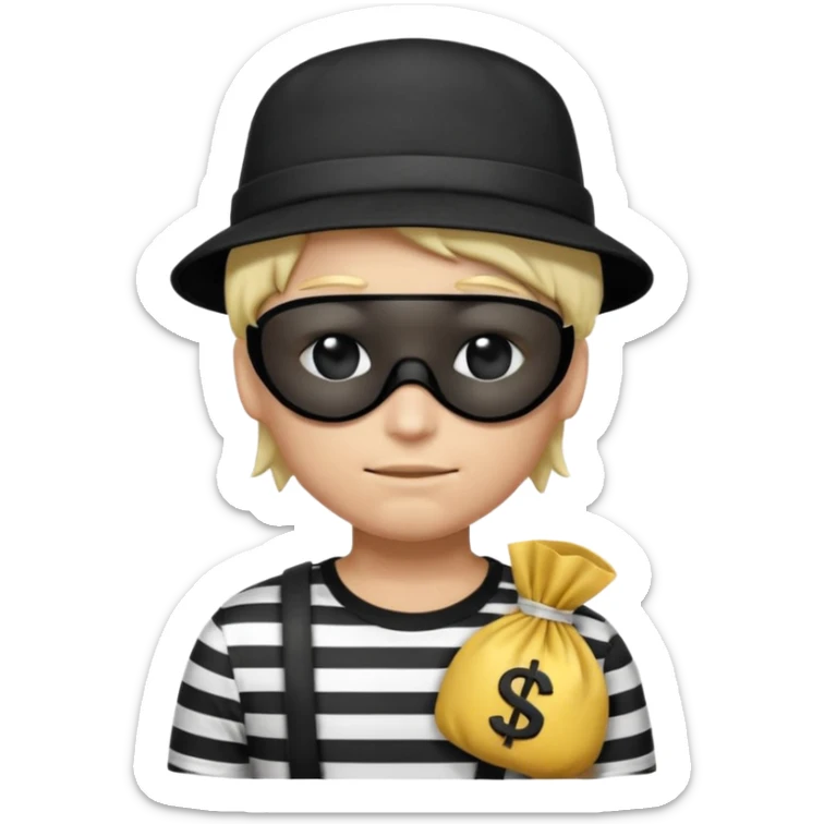 Realistic ios emoji-style portrait of a classic burglar, a black eye mask and a black-and-white striped shirt. emoji-like hair, black hat, a bag of money 💰 with a dollar sign in a right corner, mean expression  sticker