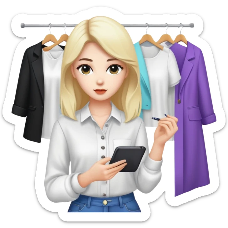 white female clothing designer, designing kpop clothing with clothing material sticker