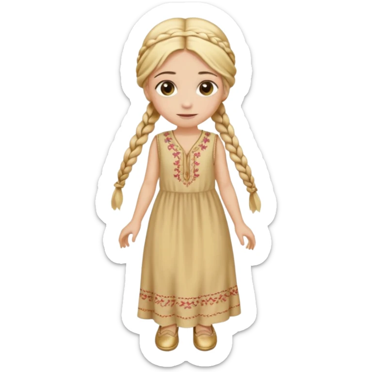 
mujer, Joven, de aspecto dulce y elegante.
Piel clara, ojos grandes y expresivos, sonrisa triste.
Rubio o castaño claro, largo, con trenzas o velo.
Vestido largo cubriendole los zapatos, çde tonos suaves (blanco, azul o lavanda), con bordados dorados; toca fina cubriendo la cabeza. sticker