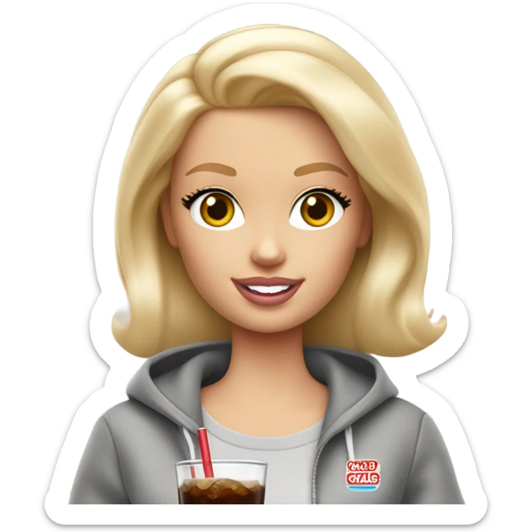 Blonde Barbie wearing light gray sweatshirt, holding a glass of cola on ice  sticker