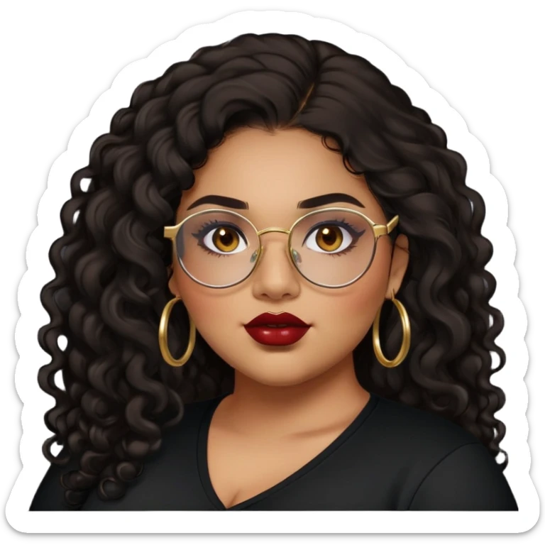 teen big plus size, latina, darker tan skin, gold hoops, long black curly hair, baddie,pretty, makeup, dark red lipgloss, black eyeliner, long hair, black shirt, BLACK glasses sticker