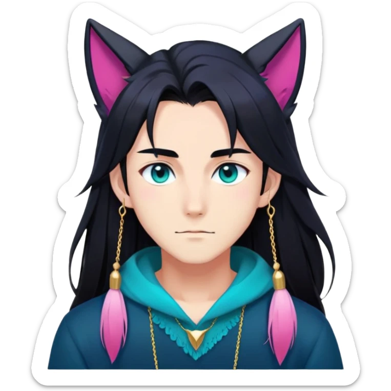 anime man with long-straight-dark-black hair, long black fox ears with pink Scapha, colorful-gradient-brown-turquoise eyes, gold earring, dark-blue-sweater, white pupils, turquoise tassel sticker