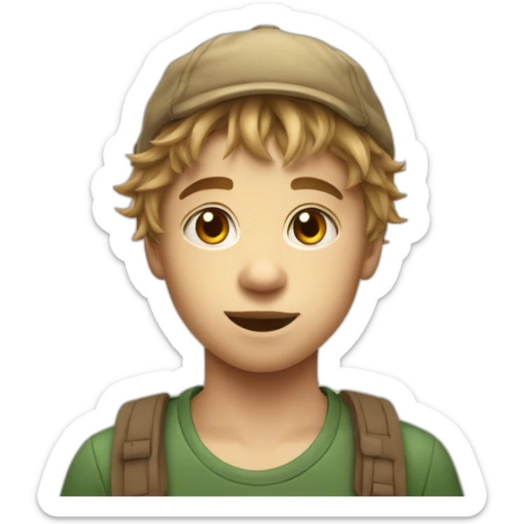 young boy in a Creeper hat with neck-length shaggy light brown hair sticker