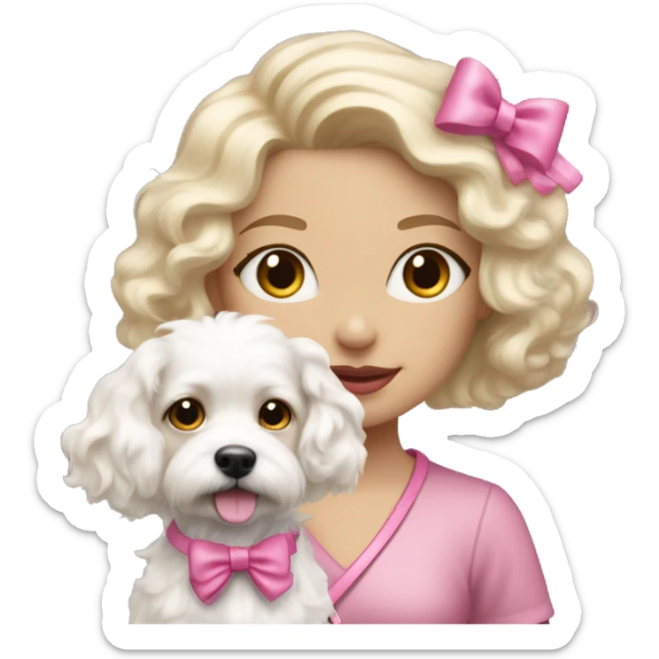 blonde girl with wavy hair and soft pink lips taking a little fluffy white dog for a walk with a pink bow and leash  sticker
