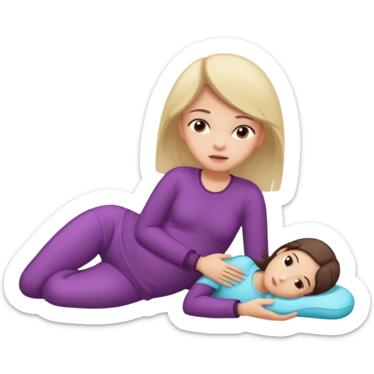 A girl, lying on her side suffering from menstrual cramps, has a hot water bottle on her stomach. sticker