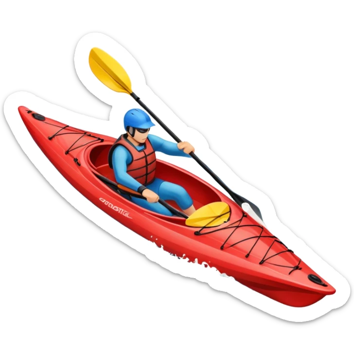 An icon showing a close-up of a kayak gliding over rippling water, with a double-bladed paddle in motion and splashes around. The sleek shape of the boat and dynamic strokes highlight the speed and precision of kayaking. Transparent background emphasizes the energy of the sport. sticker