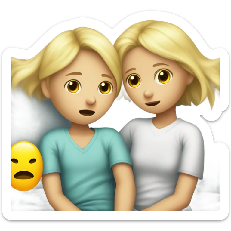 Two blonde children, each in their own bed at home, sick, sad, each wearing a surgical mask, one is a Boy, one is a girl, get well soon sign with yellow heart sticker