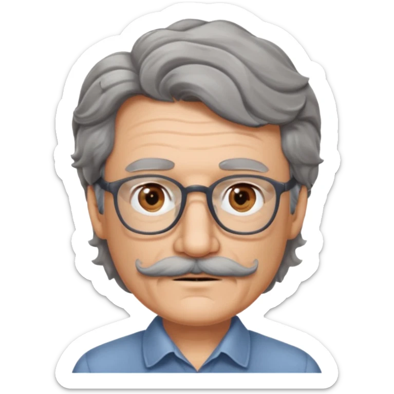 Generate a portrait of a slightly older man with glasses. His hair is quite thin, gray, but wavy. He has brown eyes and a mustache. sticker
