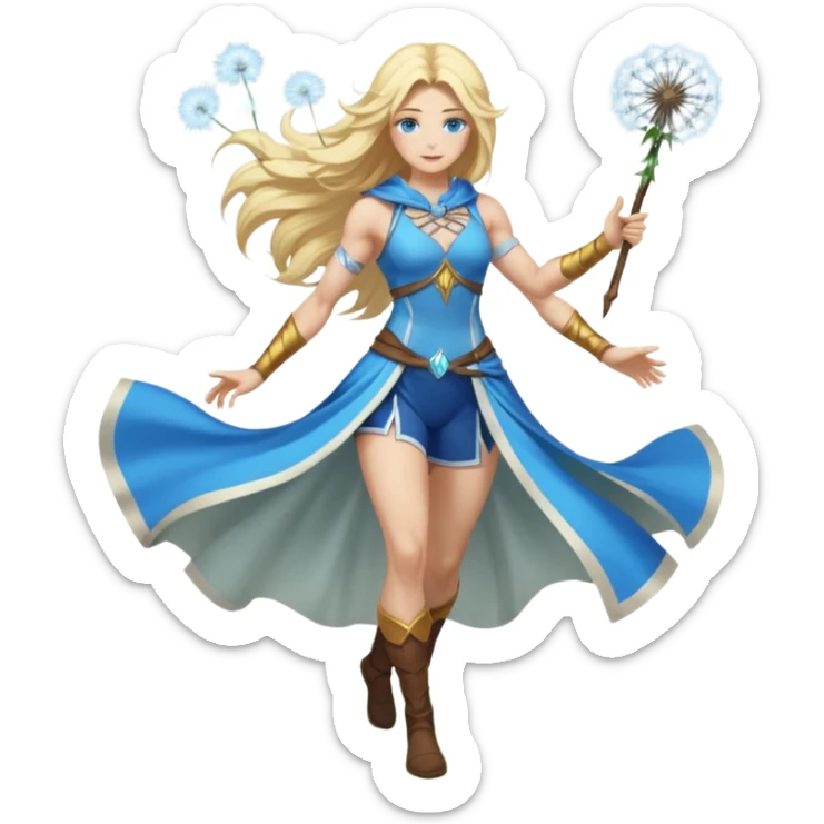full body woman long blonde hair blue eyes white skin muscular build dandelion wind summoner sticker
