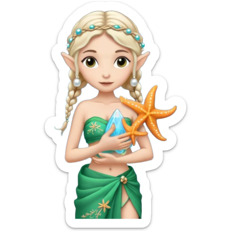 elf female Sarong with bioluminescent embroidery, armful of starfish, hair in a braid with pearl pins sticker