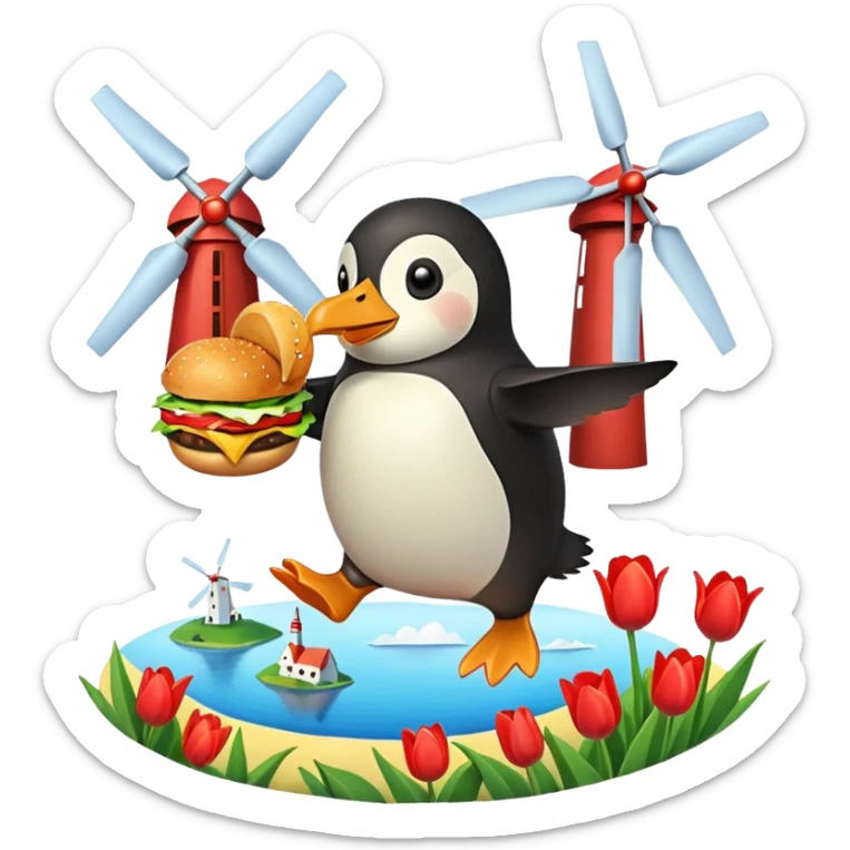cartoon penguin munching a burger, flying over a landscape with tulips and windmills sticker