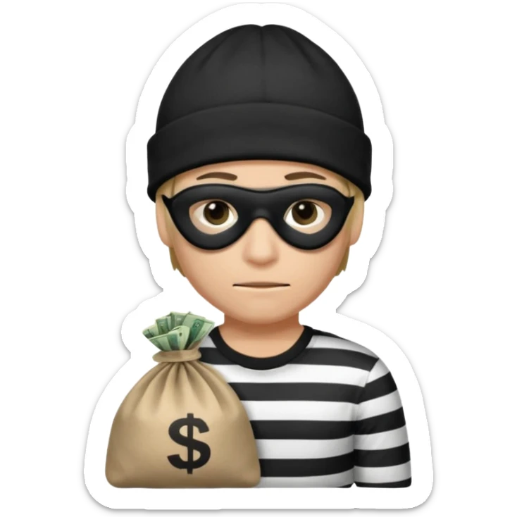robber wears black eye mask, black beanies and black and white stibes shirt with one brown money bag beside him sticker