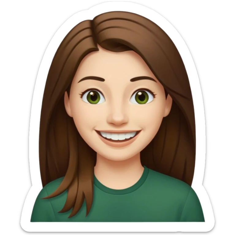 30 yr Caucasian woman long brown straight hair parted on side dark green shirt big smile white teeth sticker