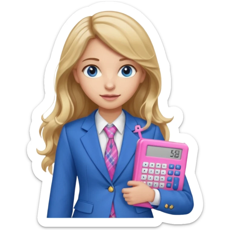 pretty female with long wavy brown hair with blonde highlights and blue eyes holding a pink calculator wearing school uniform which is a blue blazer and white blouse sticker