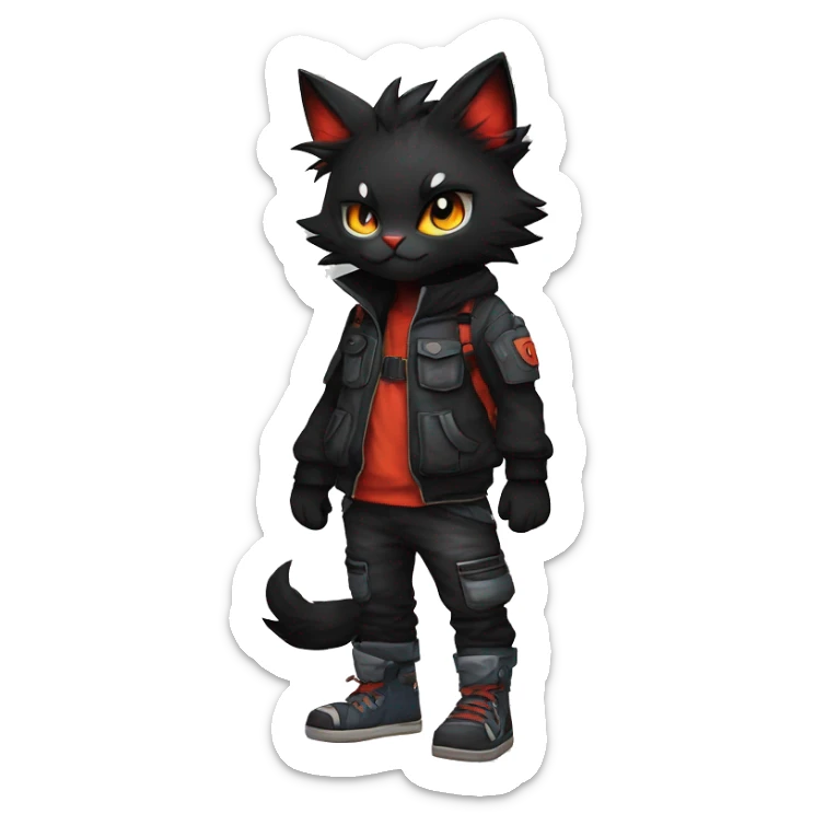 Edgy Shy Anthro boyish cool pretty dark black Litten-Pokémon-cat-fursona techwear sticker