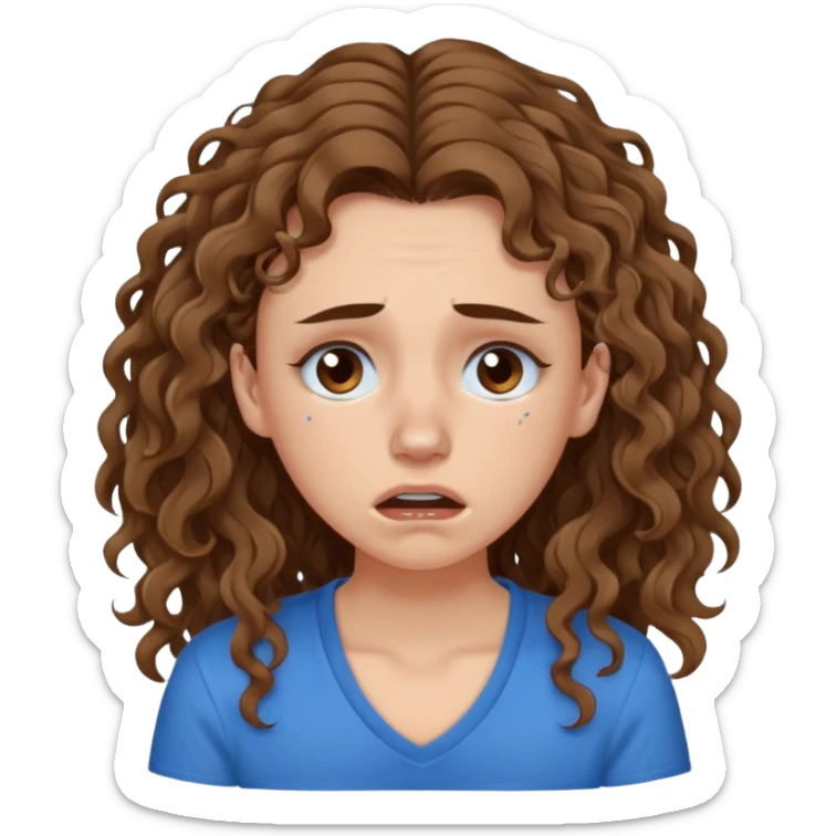 white young curly long hair girl, brown hair, with a blue shirt, in despair crying, brown eyes, septum sticker