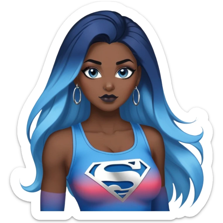 body with long legs-very very very large chest with clevage-sexy face-black leggings-puma hightops-very long very straight dark blue to light blue ombre hair-and-blue eyes-thick black eyeliner-thick long eyelashes-sky blue lowcut tanktop with glitter superman logo-silver hoop earrings sticker