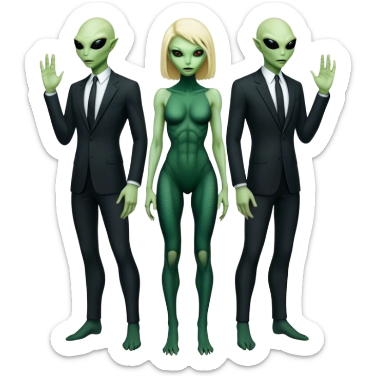 a blonde reptilian alien woman as men in black, full body, full figure sticker