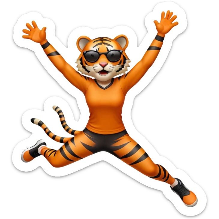 female energetic anthropomorphised tiger in sports clothes, wearing dark sunglasses, jumping with excitement, arms raised sticker