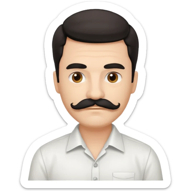 mustached man with medium hair and white shirt and black mustach and hair sticker