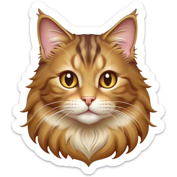 Cinematic Cute Maine Coon Cat Portrait Emoji, Head tilted playfully and inquisitively, sleek brown, gold, and cream tones, Simplified yet adorable features, highly detailed, glowing with a warm, friendly glow, high shine, curious and affectionate, stylized with a touch of whimsy, bright and alert, soft glowing outline, capturing the essence of a mischievous yet loving kitten, so endearing it feels like it could pounce out of the screen and play with its fluffy tail swishing! sticker