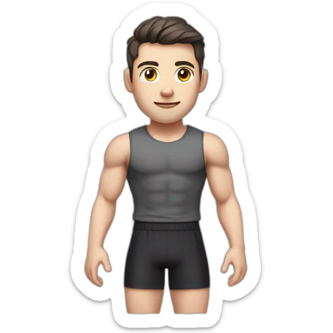 Pale skinned Fit Man With the biceps and dark brown hair in black shirt, gray sports shorts and white Sneakers Touches the back of the head sticker
