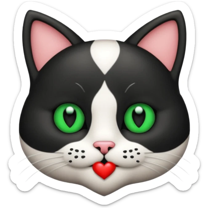 Emoji de un gato blanco y negro con ojos verdes, mandando un beso de corazón  sticker