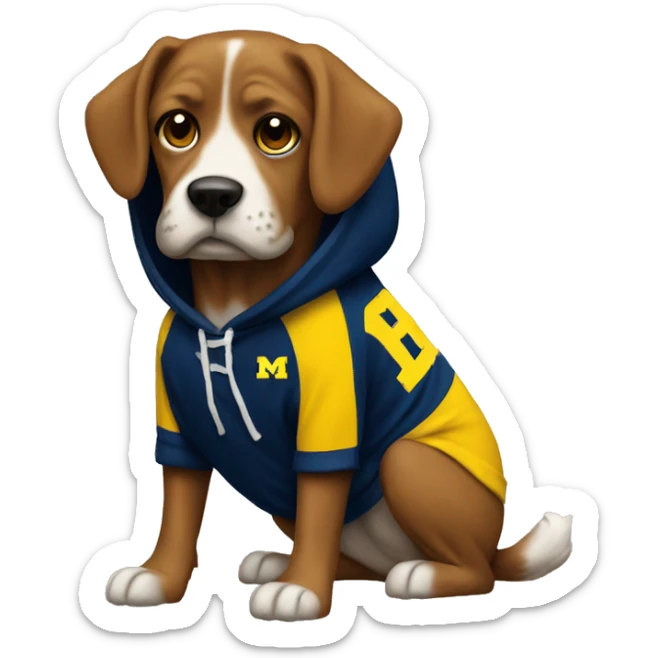 Dog wearing Michigan football hoodie sticker
