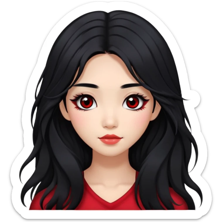 Asian girl with very long shaggy black hair, big black eyes. middle part hair. long lower lashes, cheekbones with red blush. big dimples. simple dark makeup.  sticker