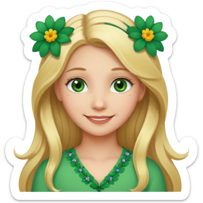 Girl profile picture with long blonde hair and green eyes and a flower in her hair sticker