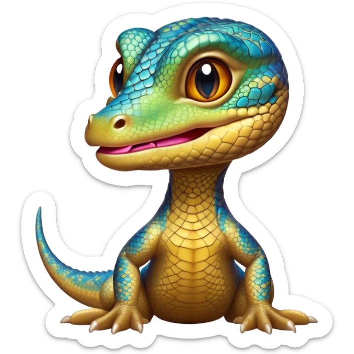 Cinematic Cute Monitor Lizard Portrait Emoji, Head tilted playfully and inquisitively, with a sleek, patterned body accented by vibrant hues and round, sparkling eyes full of wonder, Simplified yet irresistibly adorable features, highly detailed, glowing with a warm, friendly glow, high shine, affectionate and lively, stylized with a touch of exotic charm, bright and endearing, soft glowing outline, capturing the essence of a mischievous yet captivating lizard that seems as if it could scuttle out of the screen into your arms! sticker