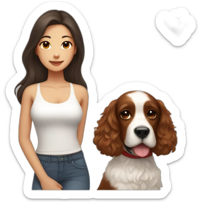 korean woman with long dark brown hair in a white singlet sits with red cocker spaniel sticker