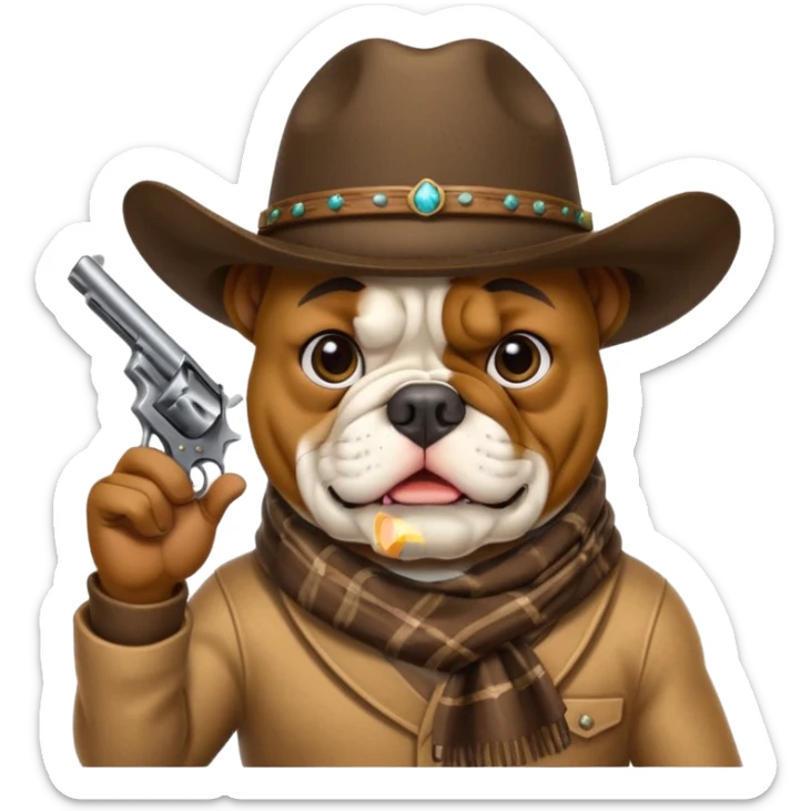 A bulldog wearing a cowboy hat, covering his mouth with a scarf so he wouldn't be recognized, pointing a revolver at you, telling you to hand over your money. sticker