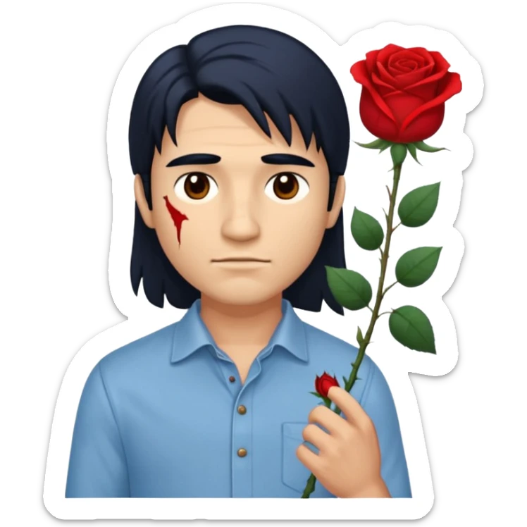 A man with a Yakut scar walks along one eye, one eye is brown and the other is light brown, he is wearing a shirt and pants, his hair is a little long, there is a small scar on his face and he is holding a rose in his hand. sticker