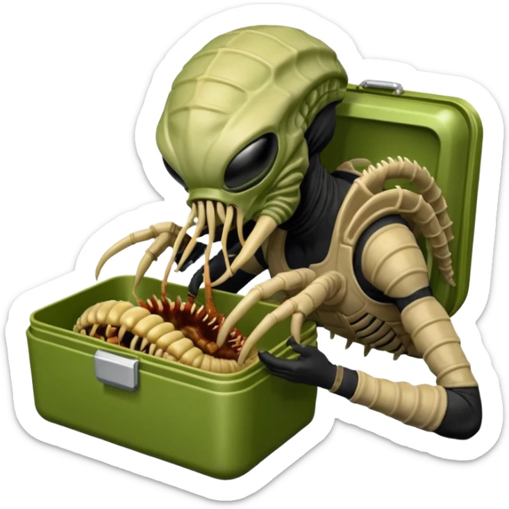 The Predator with mask and mouth piece eating an Alien facehugger from a lunchbox, the setting should be dark and real. sticker
