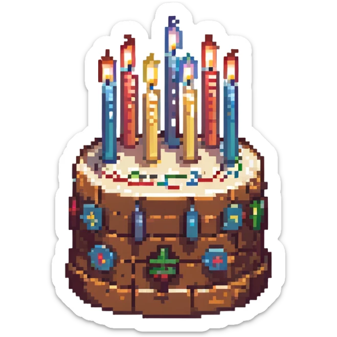 animated birthday cake, pixel art style, flickering candles, retro video game look sticker